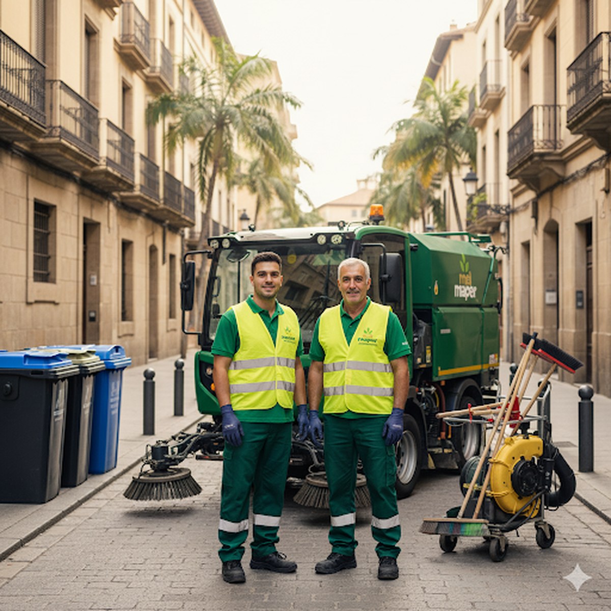 Dos trabajadores Melmaper en calle de Barcelona con camión barredora
