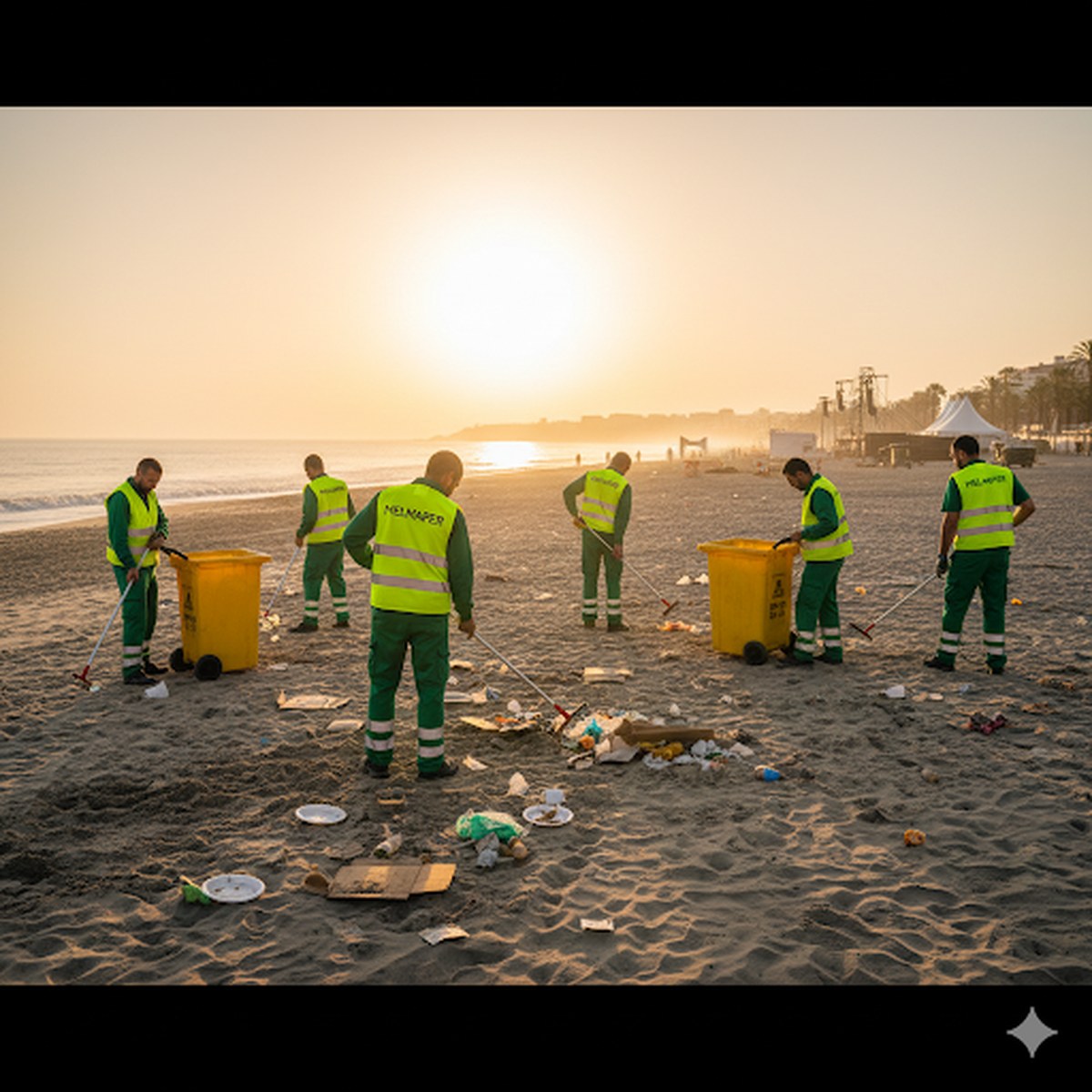 Equipo Melmaper limpiando playa al amanecer con contenedores amarillos