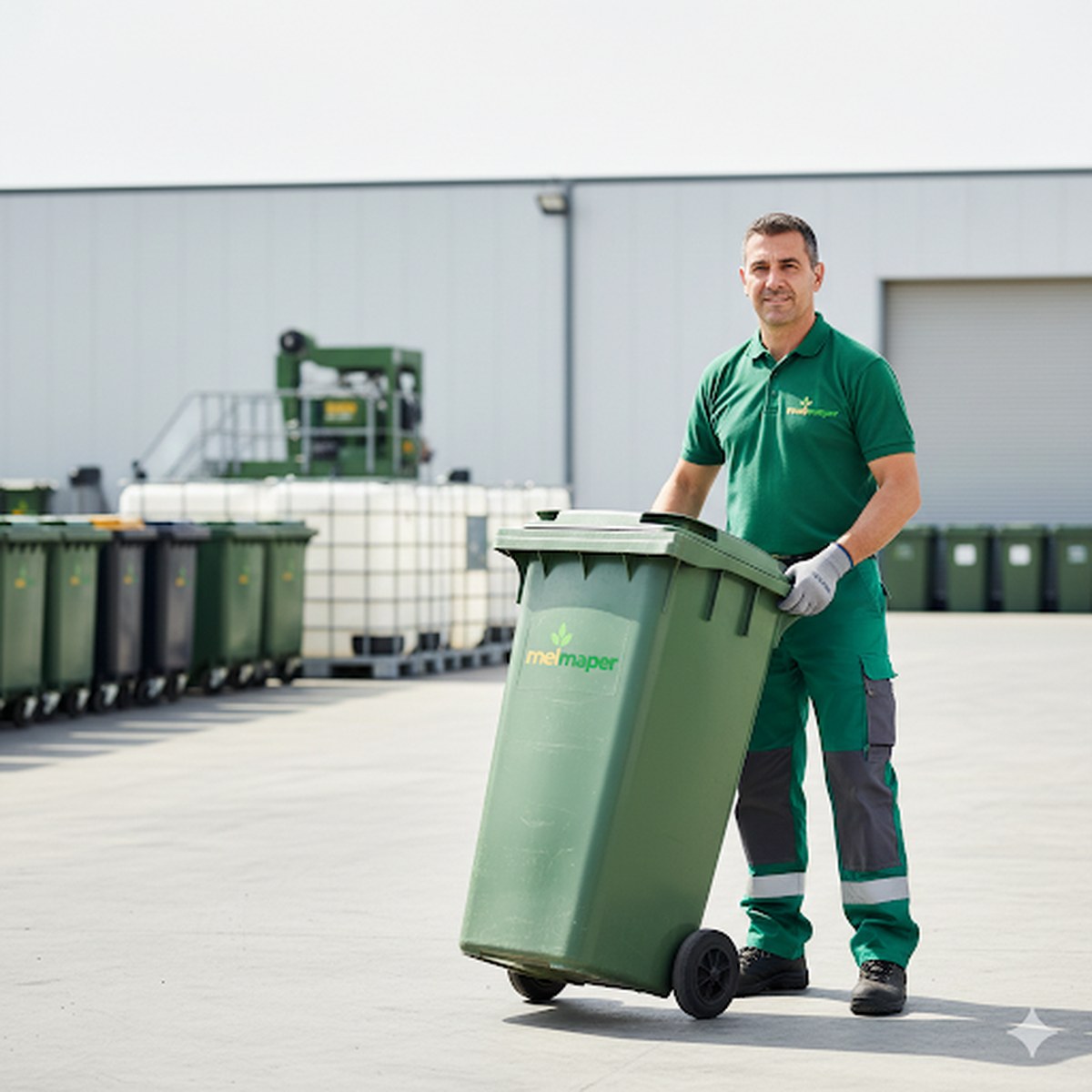 Trabajador Melmaper con contenedor verde en instalación