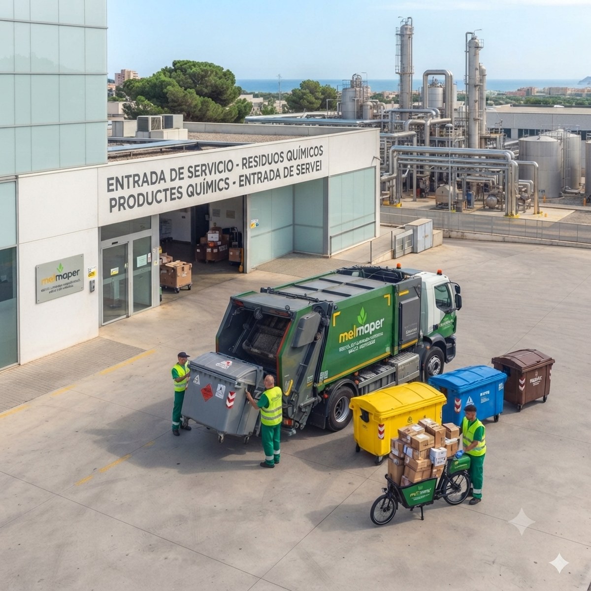 Planta de gestión de residuos industriales Melmaper con camión y contenedores