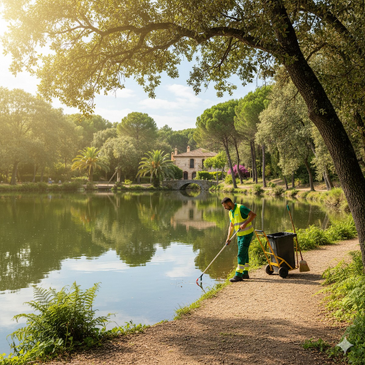 Trabajador Melmaper manteniendo parque con lago en luz dorada
