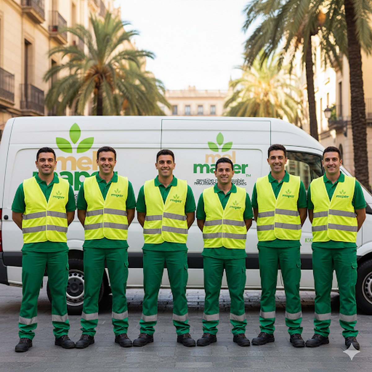 Equipo completo Melmaper frente a furgoneta en Barcelona